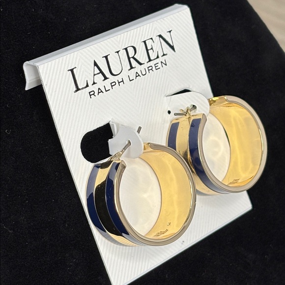 Ralph Lauren Gold Tone Navy Hoop Earrings - Picture 4 of 7